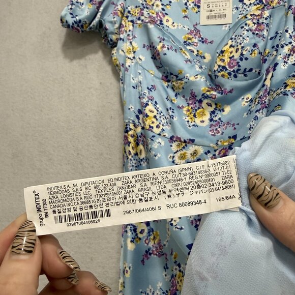 Zara Dress Womens Small Blue Floral Puff Sleeve Fit & Flare Mini Satin Sundress - Picture 10 of 14